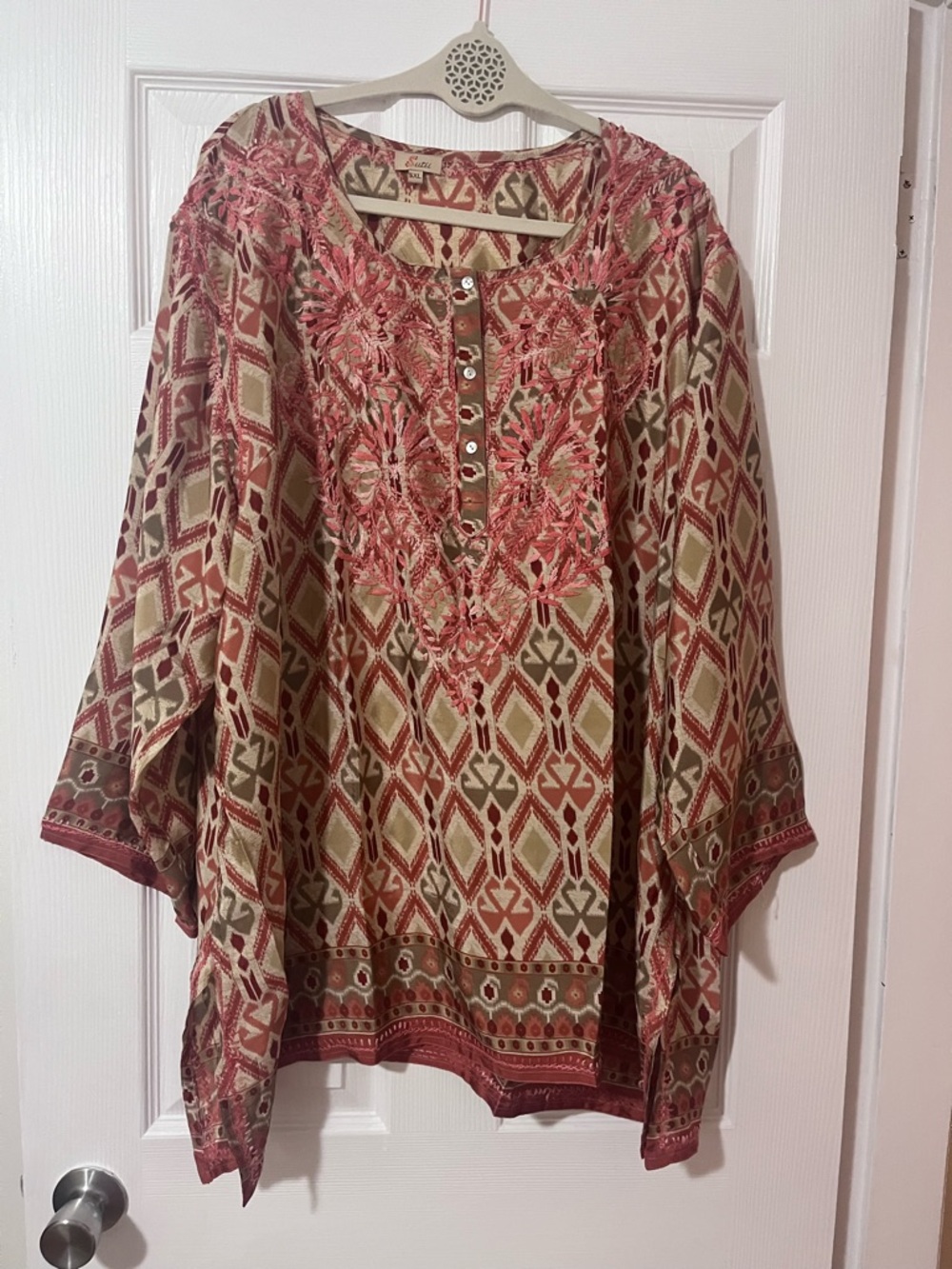 Embroidered 100% Silk Boho Geo Print Tunic Top - Red Multi